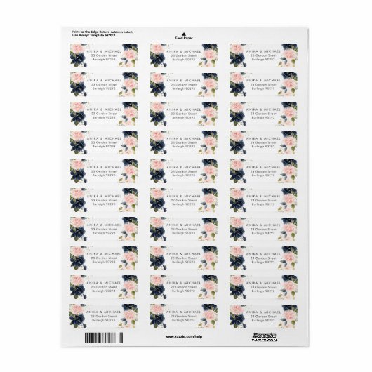 Bkush & Navy Bloemen Bruiloft Retouradres Etiket (Full Sheet)