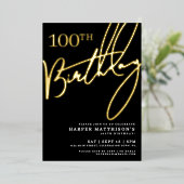 Black 100th Birthday Gold Folie Uitnodiging (Staand Voorkant)
