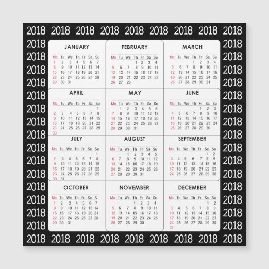 Black 2018 Calendar Square Magnetic Card (Voorkant)