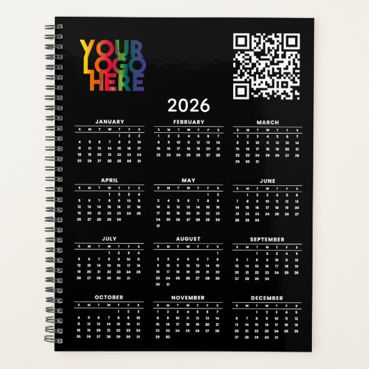 Black 2026 Calendar Business Logo QR Code Planner (Voorkant)