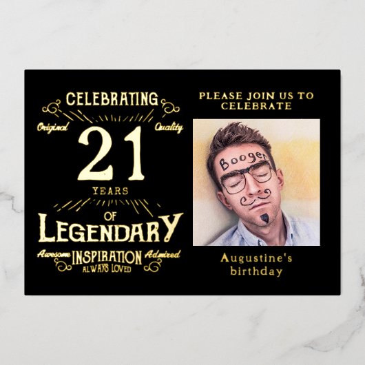 Black 21st Birthday  Gold Folie Uitnodiging (Voorkant)