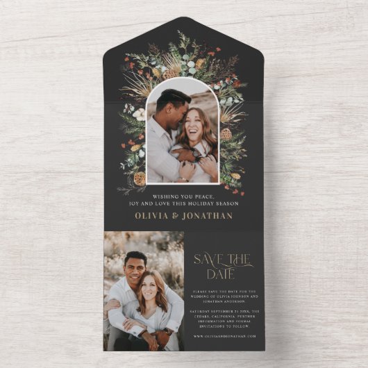 Black 2 foto waterverf botanisch sparen de datum all in one uitnodiging (Binnen)