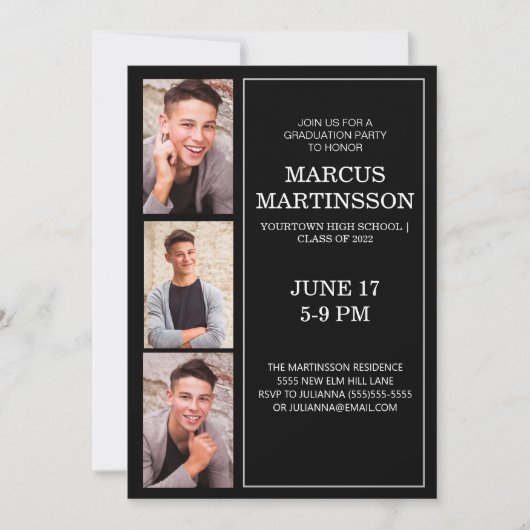 Black 3 Foto Modern Graduation Party Kaart (Voorkant)
