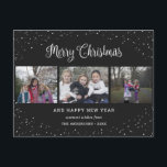 Black 3 Photo Collage Calligrafie Feestdagenkaart<br><div class="desc">Aangepaste zwarte briefkaarten voor kerstmis met een fotocollage en een mooie titel met handschrift met sterren en groen. Pas dit zwarte prettige kerstbriefkaart eenvoudig aan met uw afbeeldingen,  tekst,  jaar en familienaam. U kunt de achtergrond en de doopvont in om het even welke kleur ook veranderen.</div>