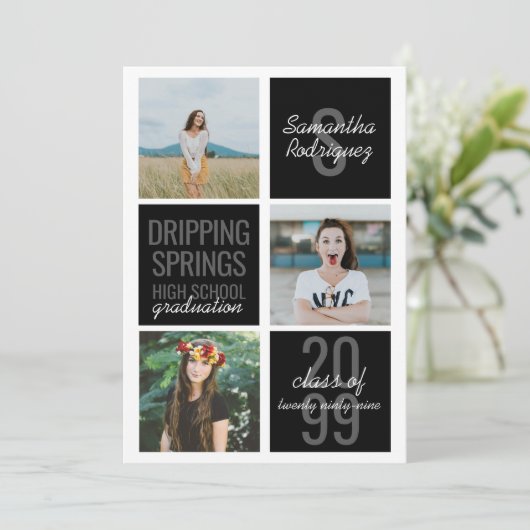 Black 3-Photo Fun Boxes Afstuderen Invitation Kaart (Staand voorkant)