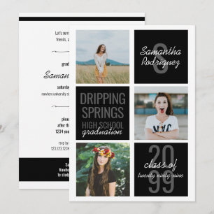 Black 3-Photo Fun Boxes Afstuderen Invitation Kaart