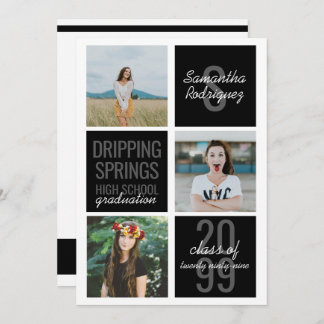 Black 3-Photo Fun Boxes Afstuderen Invitation Kaart