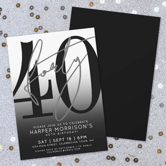 Black 40th Birthday Party Invitation Kaart