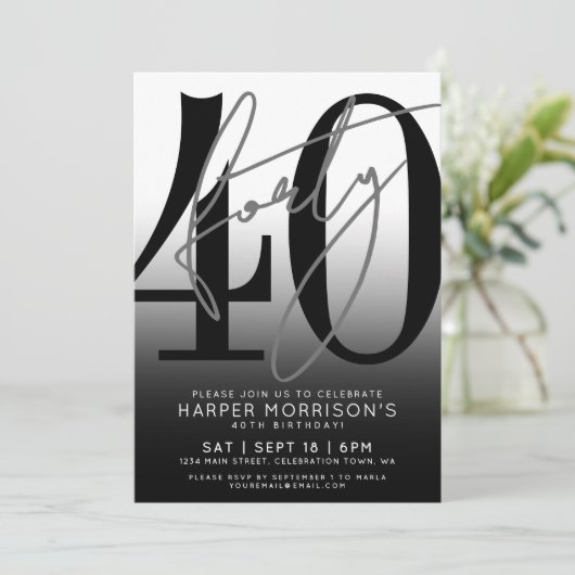 Black 40th Birthday Party Invitation Kaart (Staand voorkant)