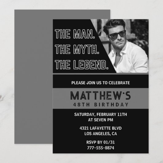 Black 48th Birthday Uitnodigingen Het Man De Legen (Voorkant / Achterkant)