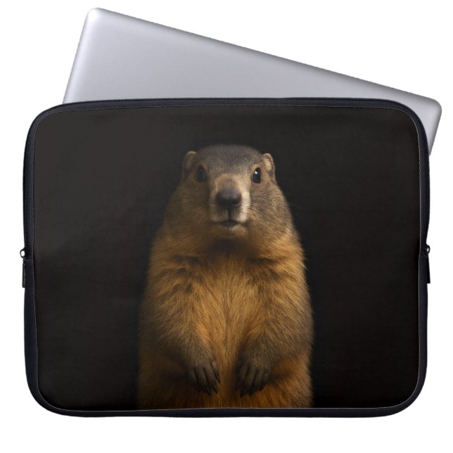 Black 4 Luxe Laptop Sleeve, Fluffy Marmot Sleeve (Voorkant)