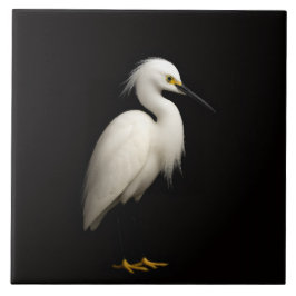 Black 4 Luxe Tile with Elegant Snowy Egret Tegeltje