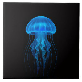 Black 4 Luxe Tile with Neon Blue Jellyfish Tegeltje