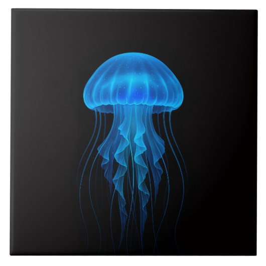 Black 4 Luxe Tile with Neon Blue Jellyfish Tegeltje (Voorkant)