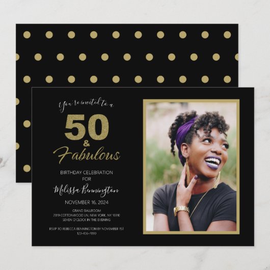 Black 50 en Fabulous 50ste verjaardag Party Foto Kaart (Voorkant / Achterkant)