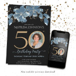 Black 50th Birthday Blue Gold Floral Custom Photo Kaart<br><div class="desc">Black 50th Birthday Blue Gold Floral Custom Photo Invitation. Eenvoudige en moderne verjaardagsfeestuitnodiging met blauwe waterverf floralen en goudaccenten. Dit ontwerp kenmerkt ook een douanefoto van de verjaardagspersoon. Hulp nodig bij deze sjabloon? Contacteer de ontwerper door de "knoop van het Bericht"hieronder te klikken.</div>