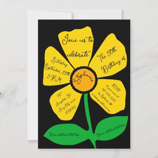 Black 50th Birthday Gold Doodle Flower  Kaart (Voorkant)