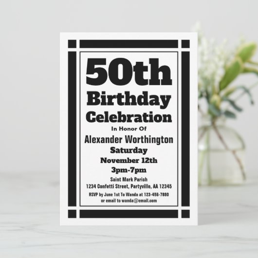 Black 50th Birthday Invitation Kaart (Staand voorkant)
