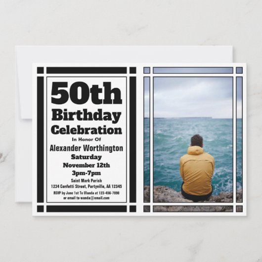Black 50th Photo Birthday Party Invitation Kaart (Voorkant)