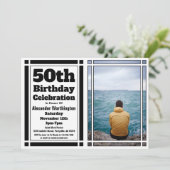 Black 50th Photo Birthday Party Invitation Kaart (Staand voorkant)