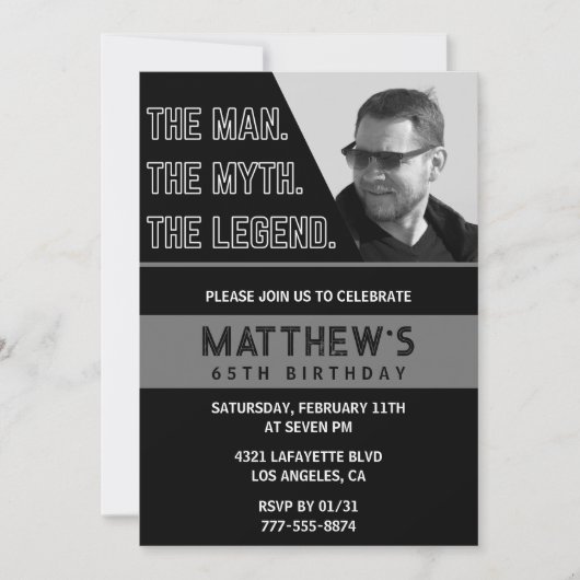 Black 65th Birthday Uitnodigingen Het Man De Legen (Voorkant)