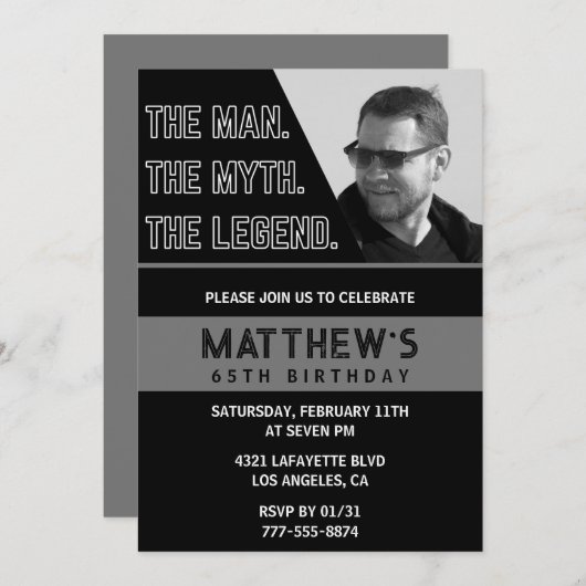 Black 65th Birthday Uitnodigingen Het Man De Legen (Voorkant / Achterkant)