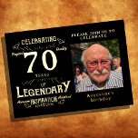 Black 70th Birthday  Gold Folie Uitnodiging<br><div class="desc">Maak de mijlpaal van je geliefde 70e verjaardag extra speciaal met deze prachtige zwarte stijl 70e verjaardag 'Birthday gold folie'. Het heerlijke retro ontwerp kenmerkt een schat foto van uw gast van eer, omringd door een chroomblauwe afwerking. Met een elegant gouden folie lettertype zal deze uitnodiging een blijvende indruk maken...</div>