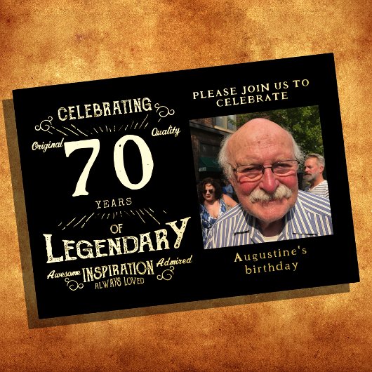 Black 70th Birthday  Gold Folie Uitnodiging