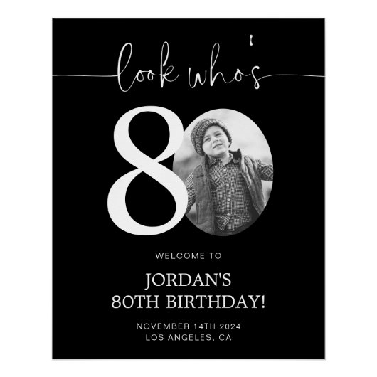 Black 80th Birthday Welcome Sign | Kijk eens wie 8 Perfect Poster (Voorkant)