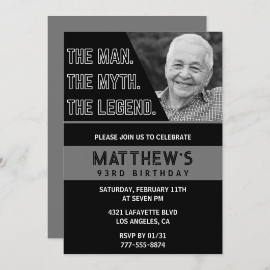 Black 93rd verjaardagsuitnodigingen Het Man De Leg Kaart (Voorkant / Achterkant)