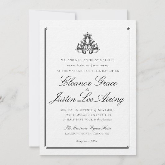 Black "A" Monogram Wedding Invitation Kaart (Voorkant)