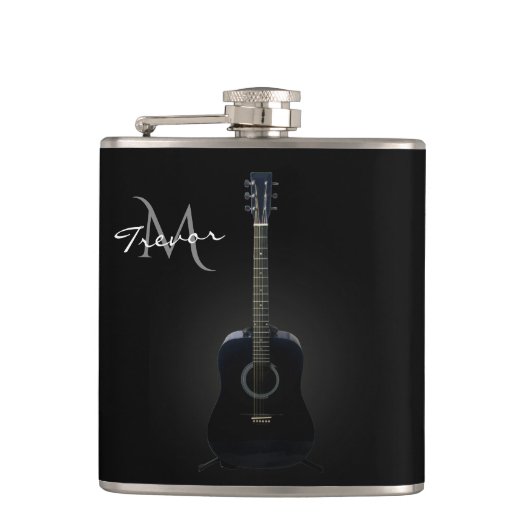 Black Acoustic Guitar Monogram Music Flask Heupfles (Voorkant)