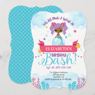 Black African American Mermaid Birthday Invitation Kaart