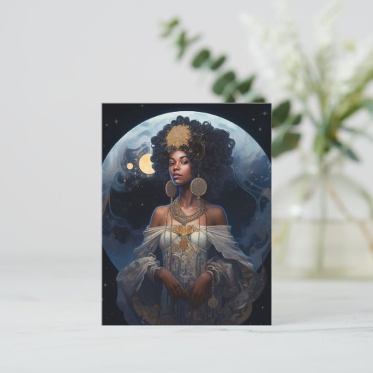 Black African Moon Goddess Queen Fantasy Briefkaart (Staand voorkant)