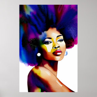 Black Afro Woman Waterverf Portret IV Poster