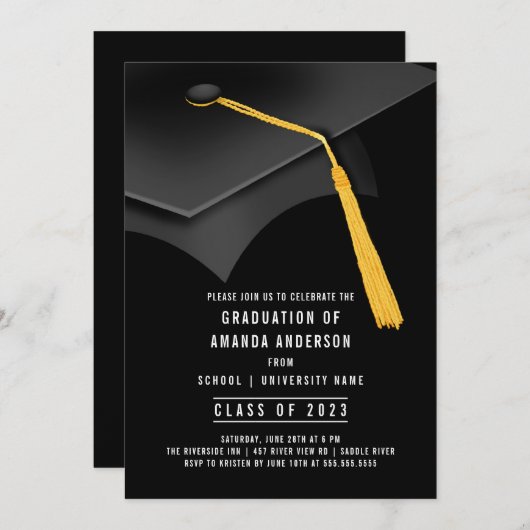 Black Afstudeerder Pet Black Graduparty Invitation Kaart (Voorkant / Achterkant)
