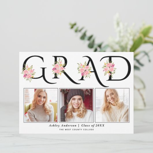 Black AFSTUDEERDER typografie roze rozen foto-afst Aankondiging (Staand voorkant)