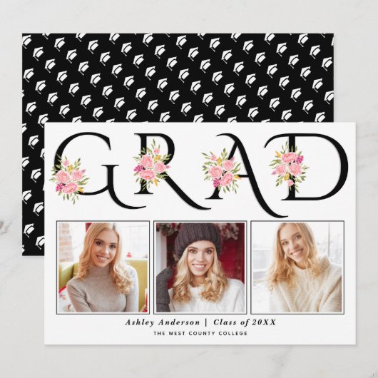 Black AFSTUDEERDER typografie roze rozen foto-afst Aankondiging (Voorkant / Achterkant)