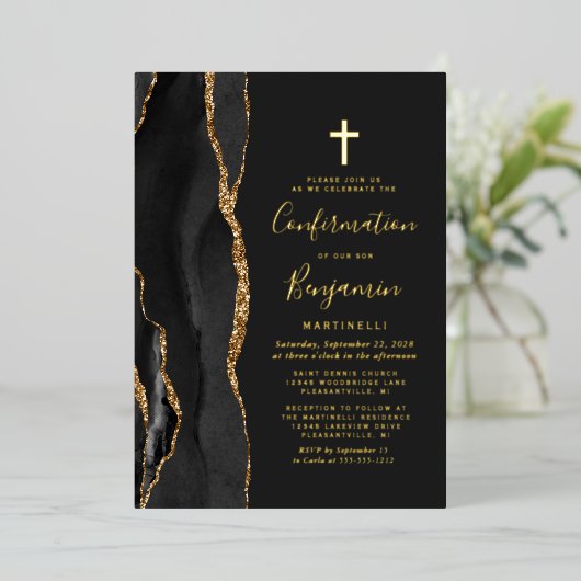 Black Agate Gold-bevestiging Folie Uitnodiging (Staand Voorkant)