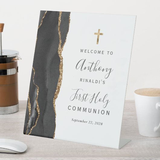 Black Agate Gold Eerste Heilige Communie Welkom Reclamebord Met Voetstuk (Insitu)