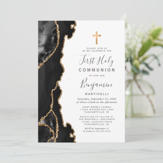 Black Agate Gold Glitter First Heilige Communie Kaart (Staand voorkant)