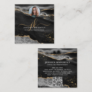 Black Agate Gold Glitter Script Foto QR Vierkante Visitekaartje