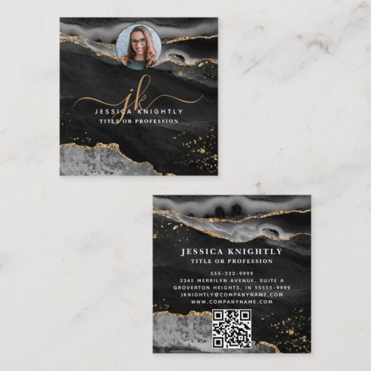 Black Agate Gold Glitter Script Foto QR Vierkante Visitekaartje (Voorkant / Achterkant)