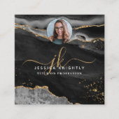 Black Agate Gold Glitter Script Foto QR Vierkante Visitekaartje (Voorkant)