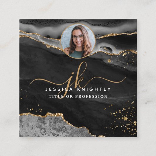 Black Agate Gold Glitter Script Foto Vierkante Visitekaartje (Voorkant)