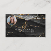 Black Agate Gold Glitter Script Monogram Foto Visitekaartje (Voorkant)