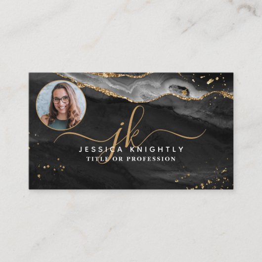 Black Agate Gold Glitter Script Monogram Foto Visitekaartje (Voorkant)