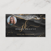 Black Agate Gold Glitter Script Monogram Foto Visitekaartje (Voorkant)