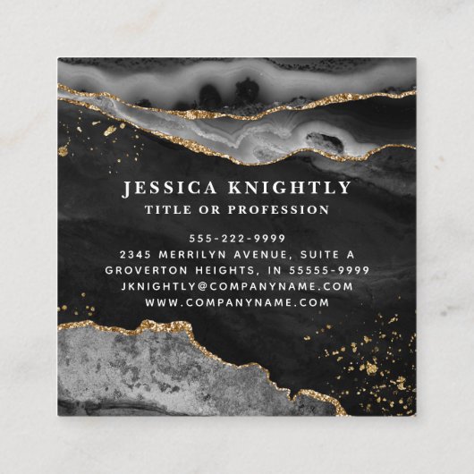 Black Agate Gold Glitter Script-monogram Vierkante Visitekaartje (Achterkant)