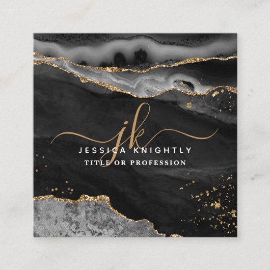 Black Agate Gold Glitter Script-monogram Vierkante Visitekaartje (Voorkant)